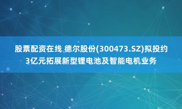 股票配资在线 德尔股份(300473.SZ)拟投约3亿元拓展新型锂电池及智能电机业务